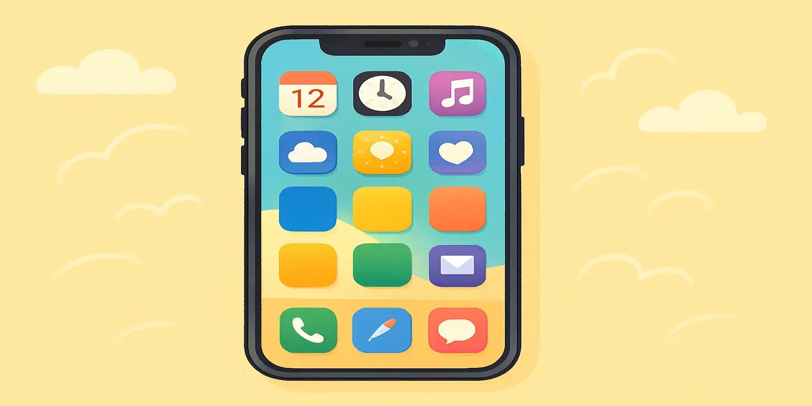 An illustration of an iPhone displaying a home screen filled with colorful app icons for various functions like calendar, clock, music, messages, and phone.