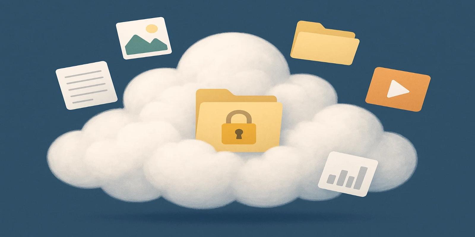 An illustration of a fluffy white cloud with a locked folder on it, surrounded by various file icons.