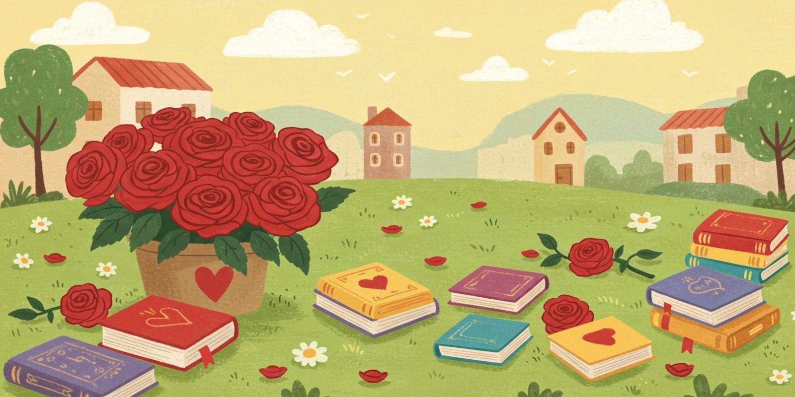 A romantic scene with books adorned with hearts and roses, set in a picturesque village.