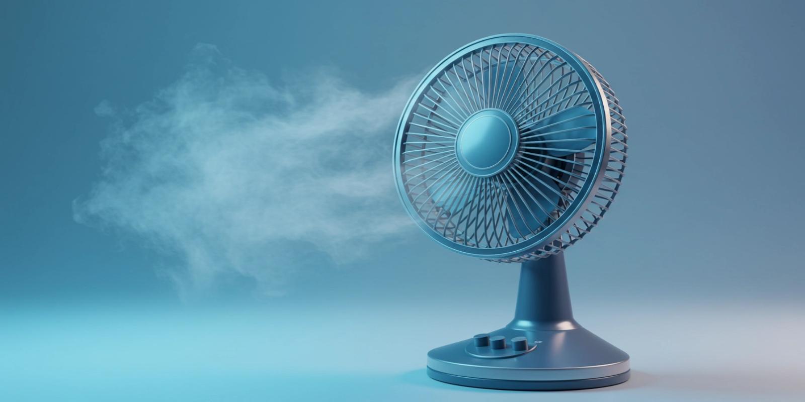 A blue and silver electric fan blowing air, with visible mist.