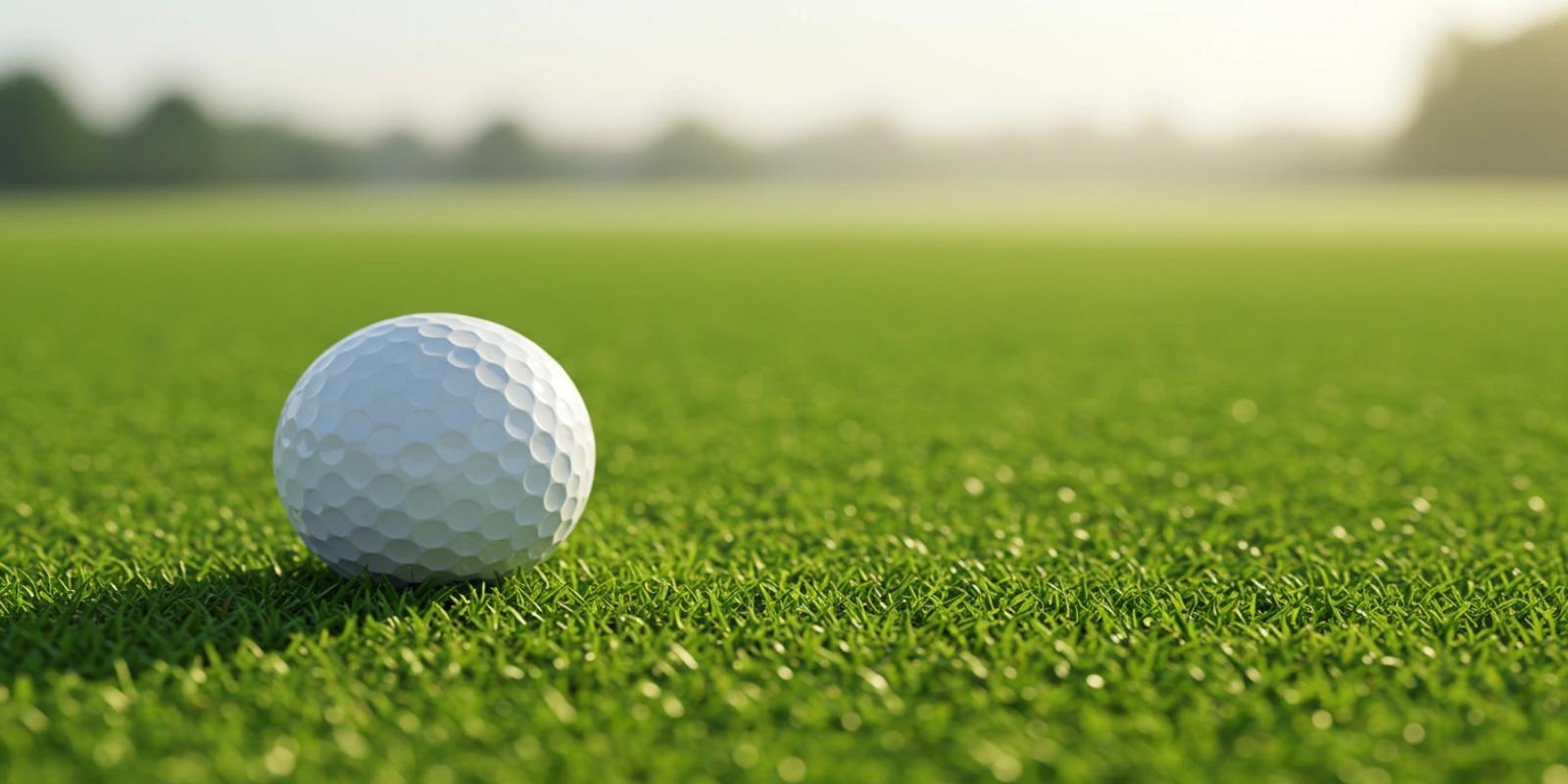 Solitary white golf ball resting on a lush green golf course fairway on a sunny day.