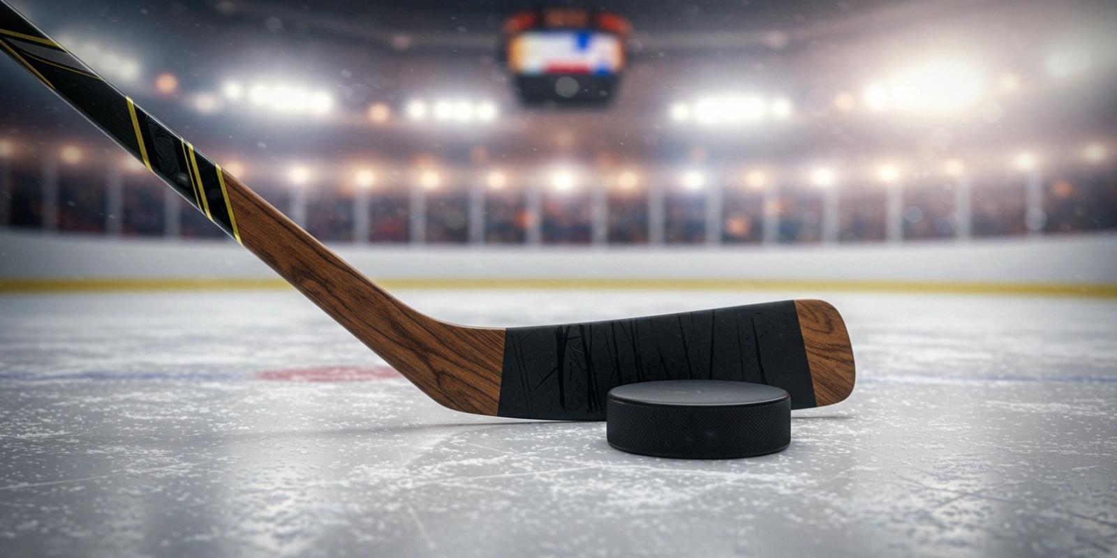 Ice hockey stick and puck on a frozen rink in a brightly lit indoor stadium with blurred spectators in the background.