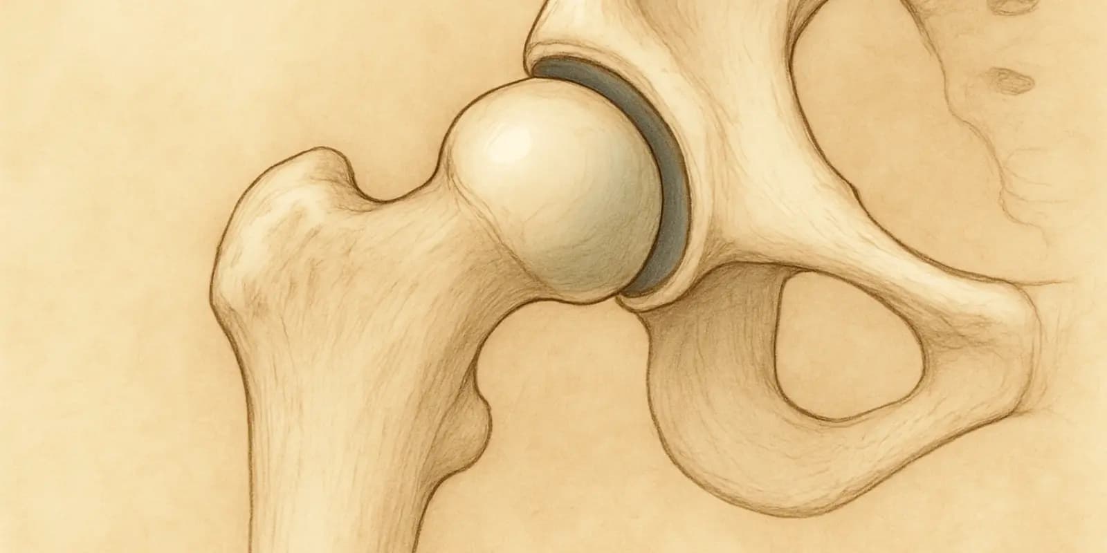 An illustration showing the hip joint, where the head of the femur fits into the acetabulum of the pelvis.