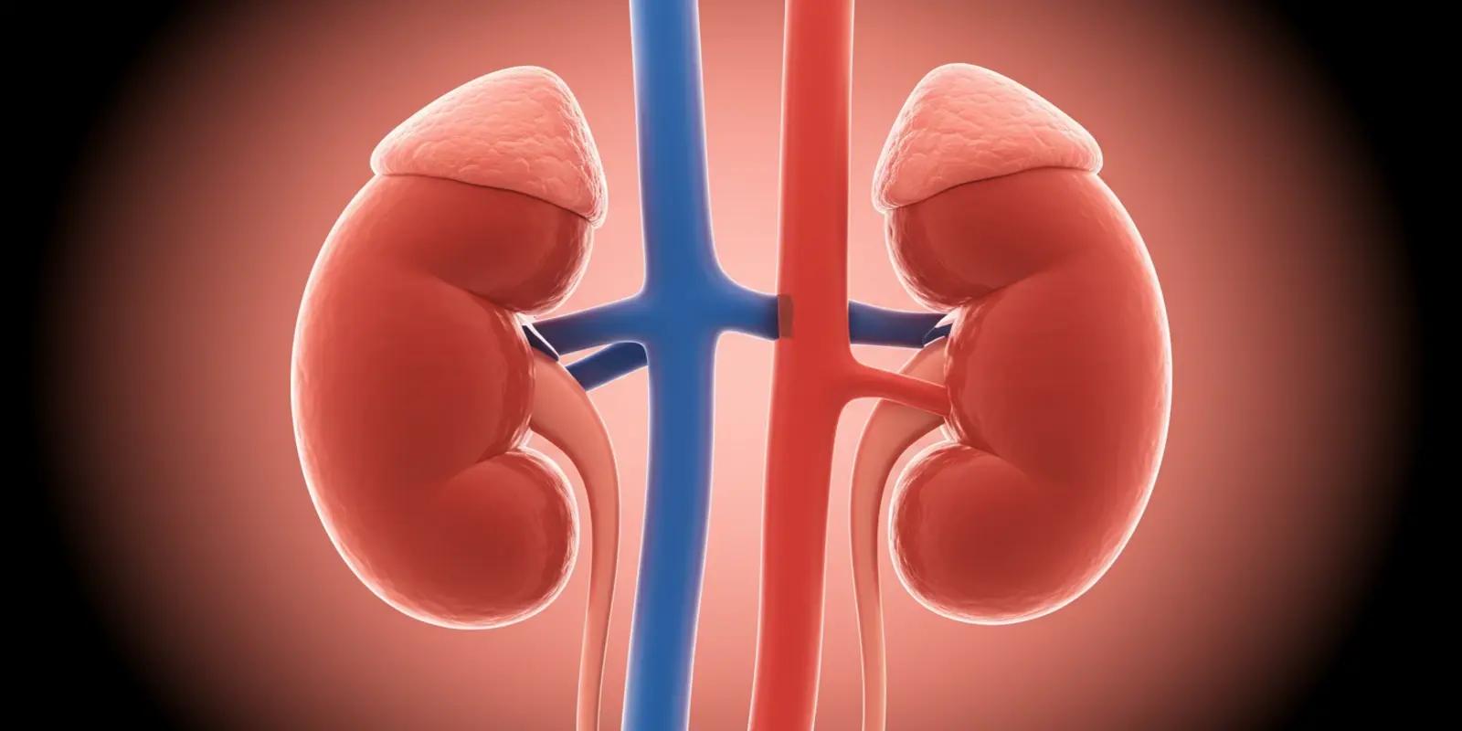 3D illustration of human kidneys with adrenal glands and blood vessels.
