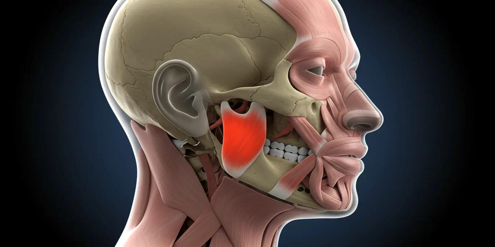 An illustration showing the masseter muscle (highlighted in red) on the side of the face, responsible for chewing.
