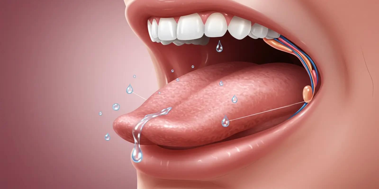 A view inside the mouth highlighting the tongue and teeth, with saliva originating from the salivary glands.