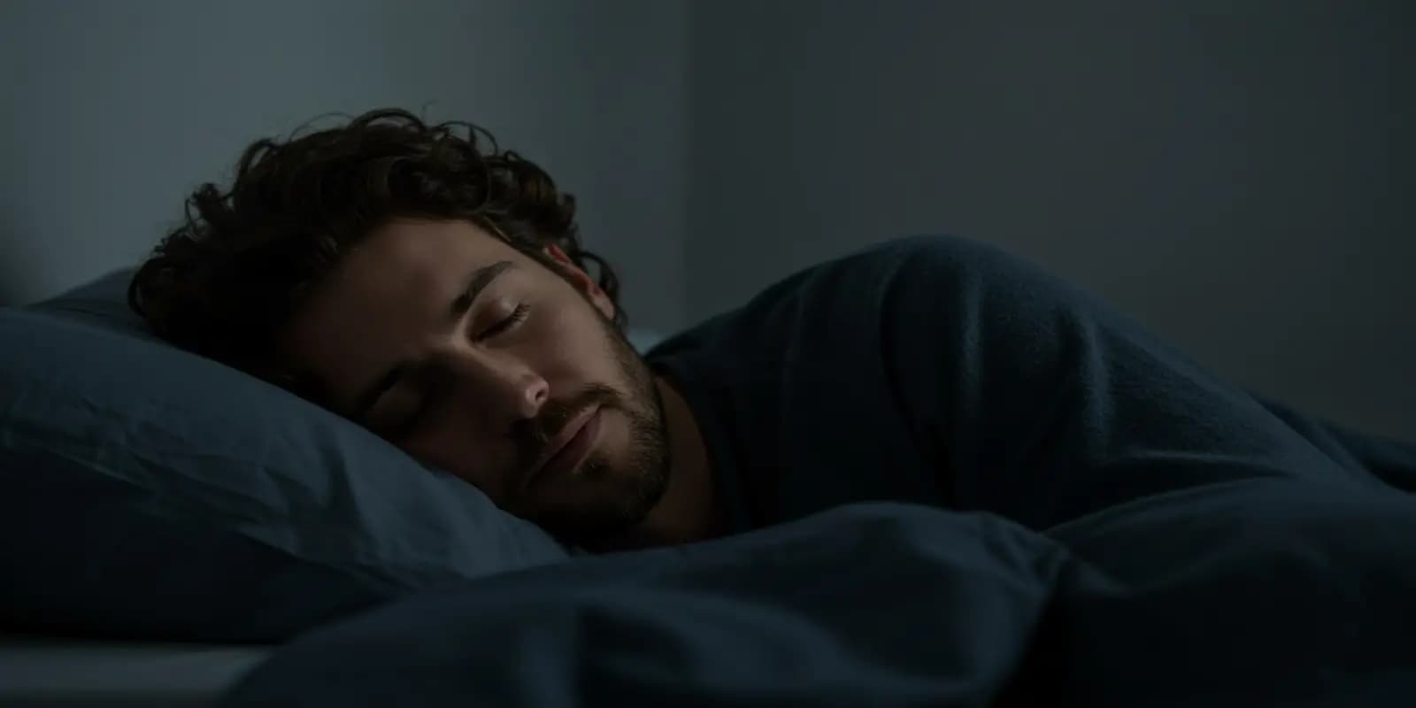 A man sleeping peacefully in a bed at night.
