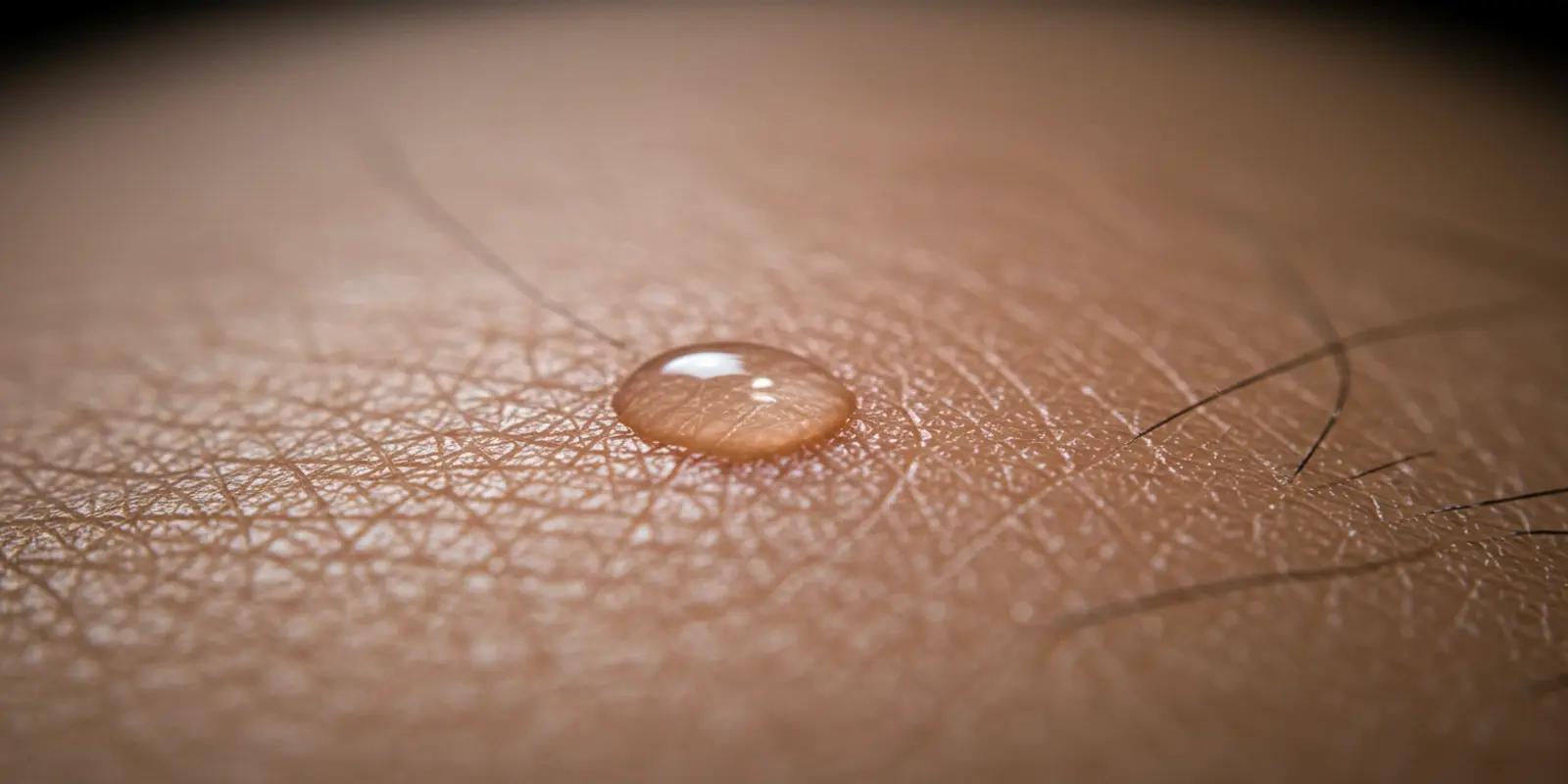 A close-up image showing a single droplet of sweat on human skin.