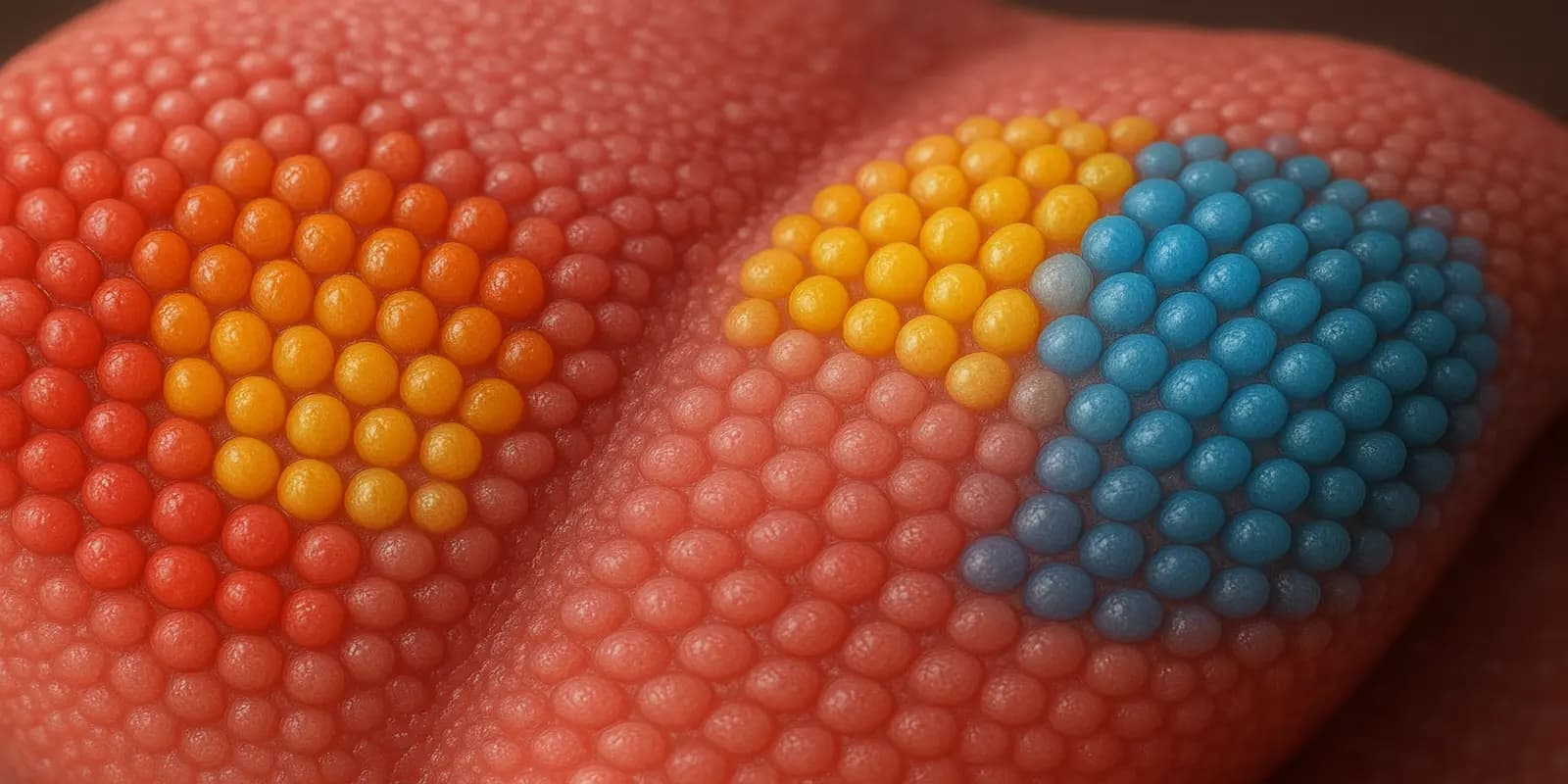 A highly magnified view of the surface of a tongue, showing different clusters of taste buds highlighted in various colors.
