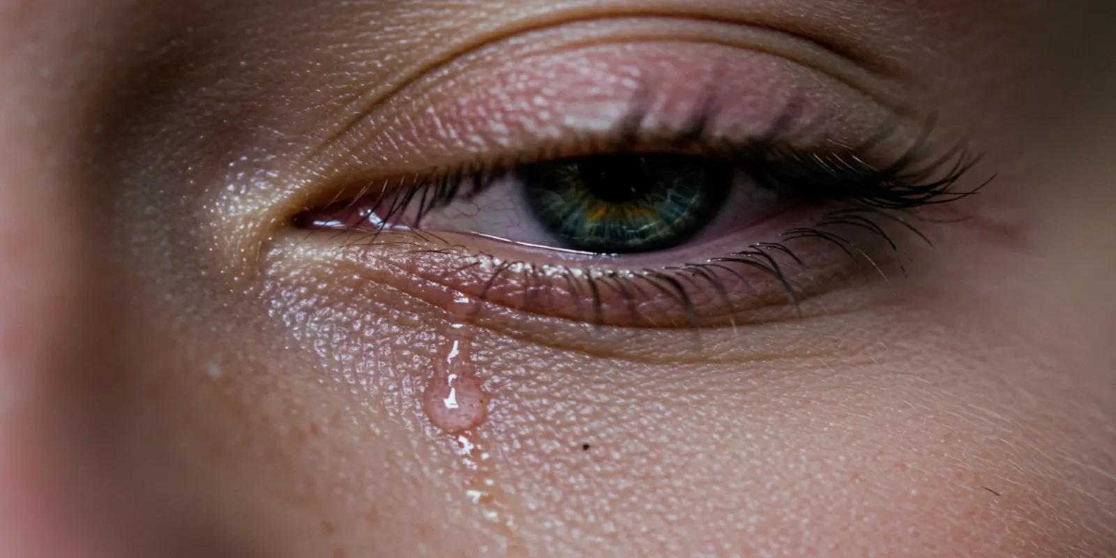 A close-up of a human eye with a single tear rolling down the cheek.