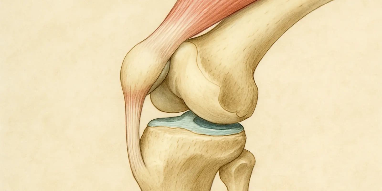 An illustration showing the bones (femur and tibia), cartilage (in blue), and a tendon around the knee joint.