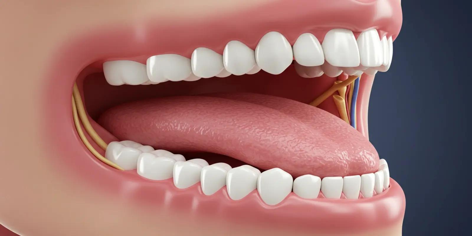 A detailed view of the teeth and tongue within the mouth, also showing gums, and some underlying nerves and blood vessels.