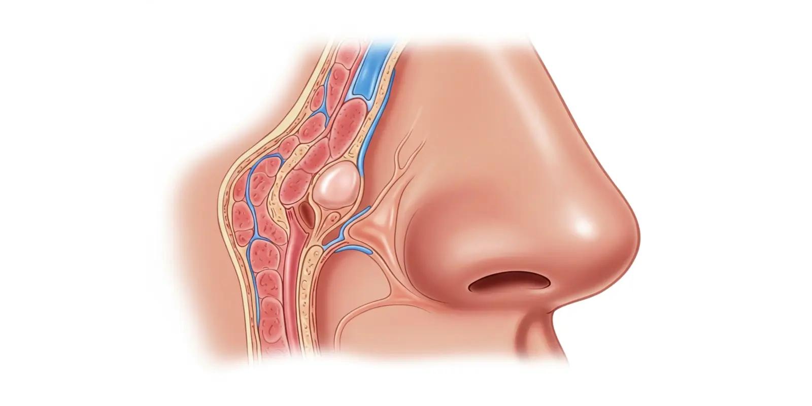 An illustration showing a nasal polyp, a growth inside the nasal passage.