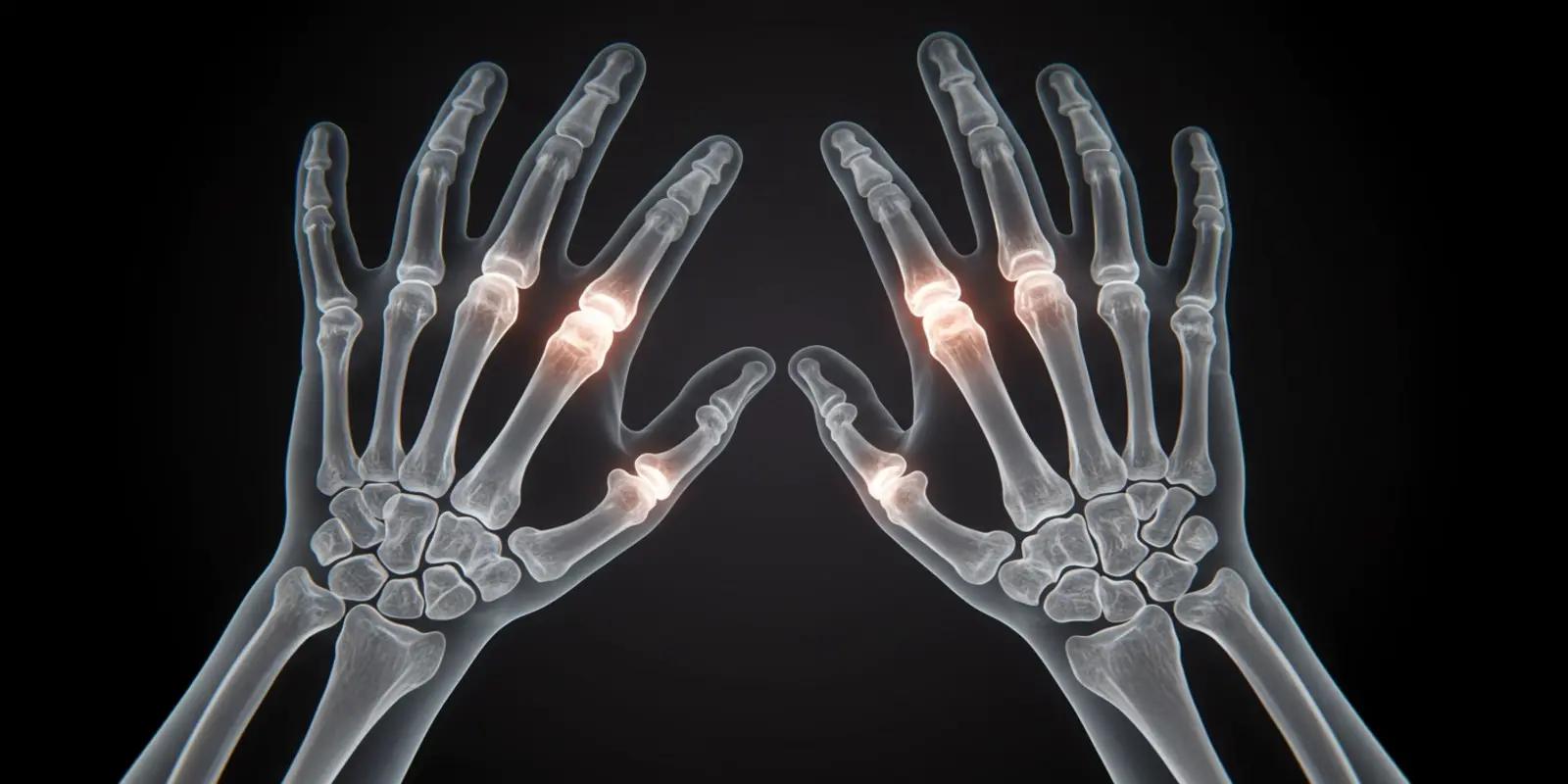 An X-ray view of both hands showing the bones of the fingers (phalanges), the bones in the palm (metacarpals), and the wrist bones (carpals).
