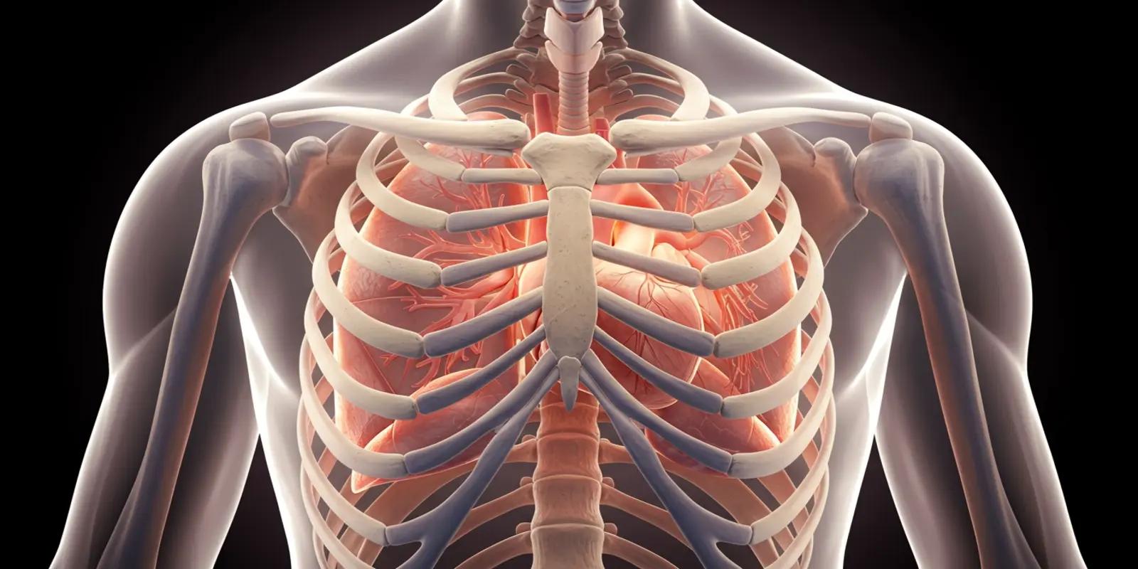 An illustration of the human rib cage, showing the ribs, sternum (breastbone), and thoracic vertebrae.