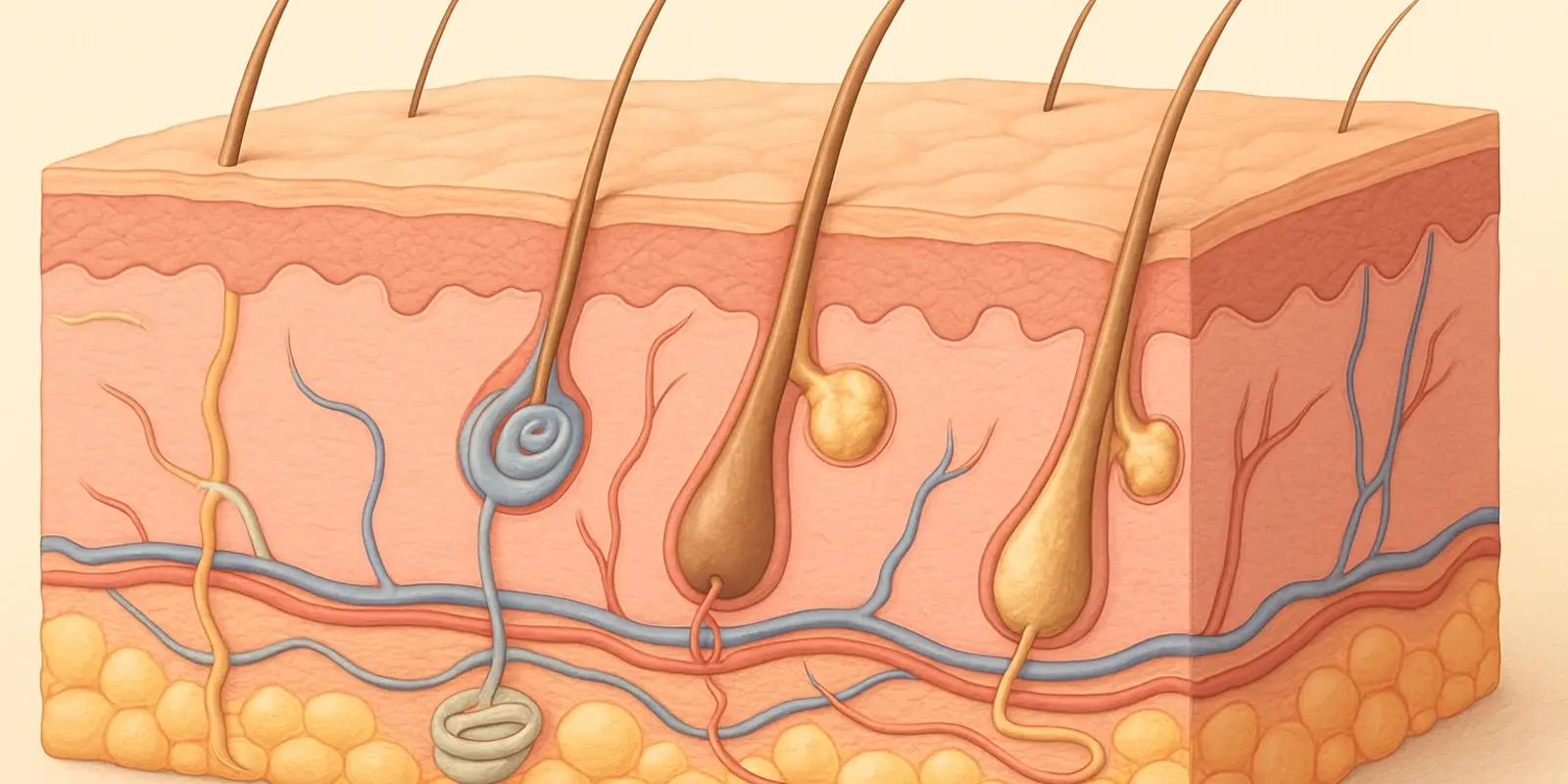 An illustration showing the different layers of human skin and various structures within it, such as hair follicles, glands, blood vessels, and nerves.