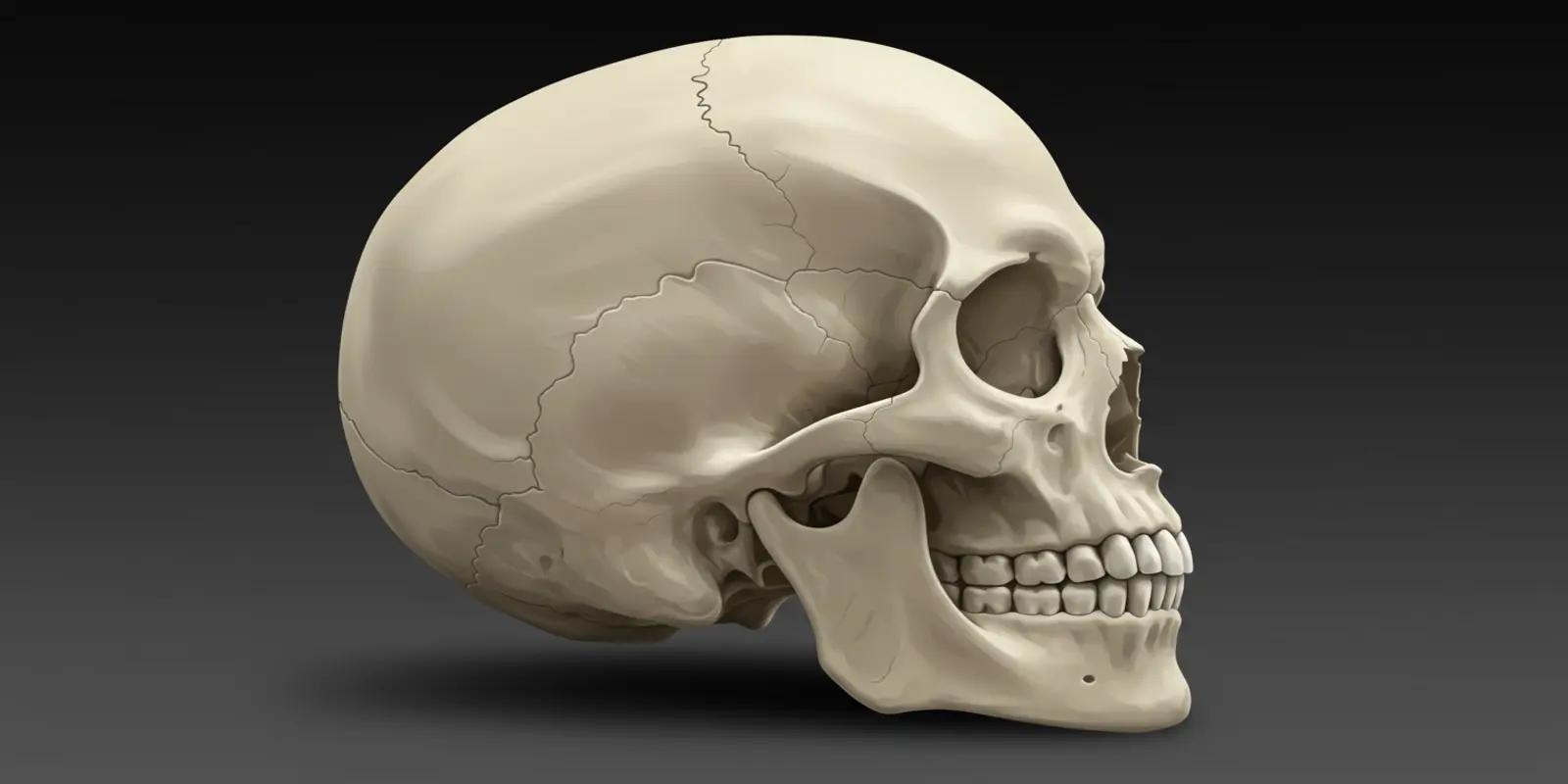 A detailed view of a human skull showing the cranium, jawbone, upper jaw, and eye sockets.