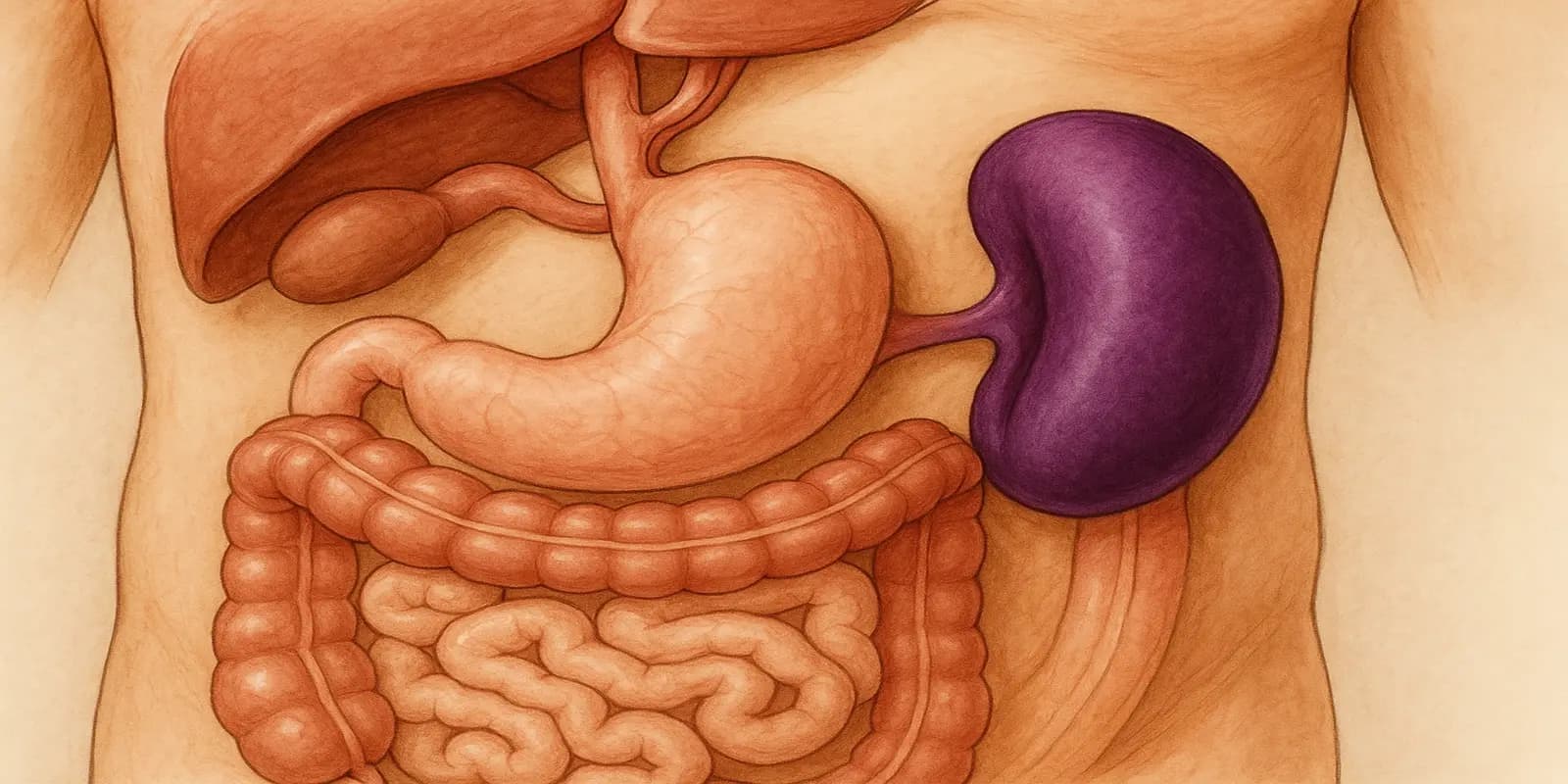 An illustration showing the spleen (in purple) located in the upper abdomen, near the stomach and intestines.