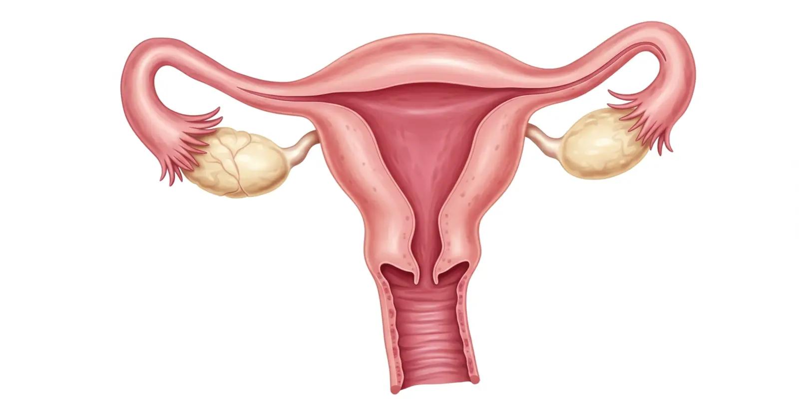 An illustration of the uterus with the fallopian tubes extending from it and the ovaries on either side.