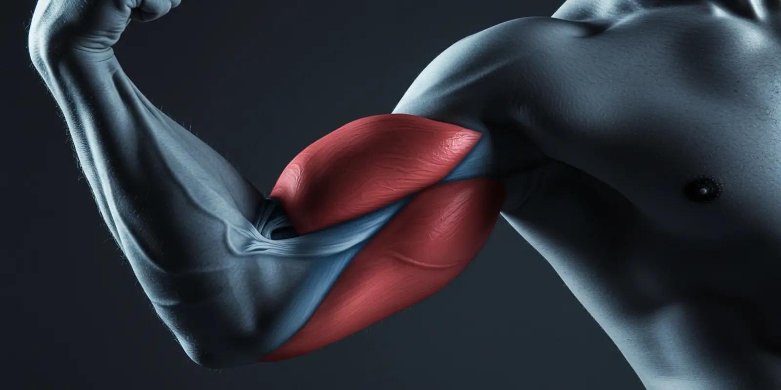 An illustration showing both the biceps (on the front of the upper arm) and the triceps (on the back) muscles highlighted in red.