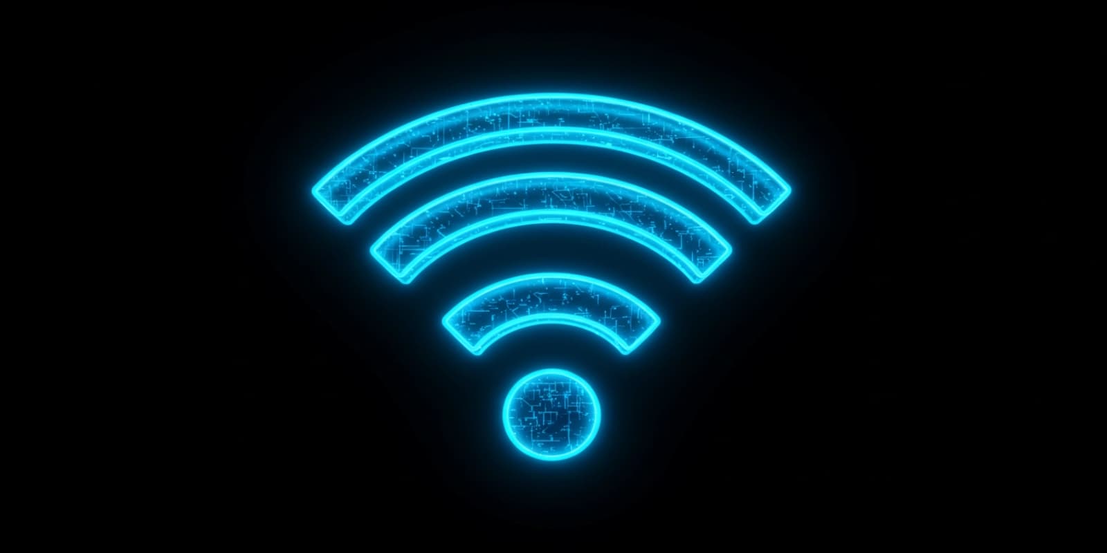 A bright blue glowing Wi-Fi symbol on a black background.