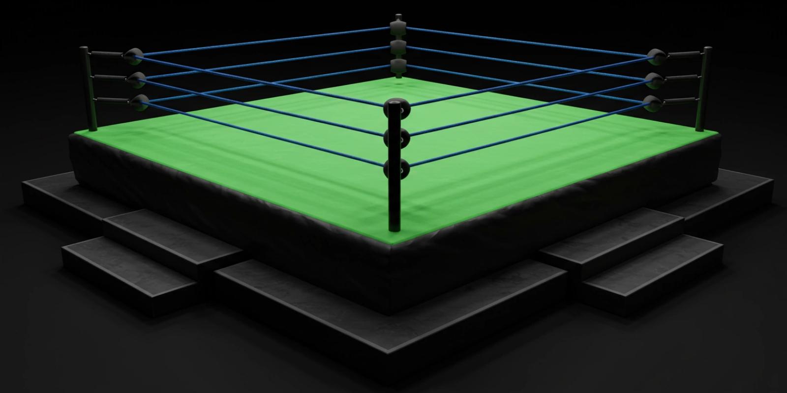 Professional wrestling ring with a green mat and blue ropes, elevated on a black platform with steps.