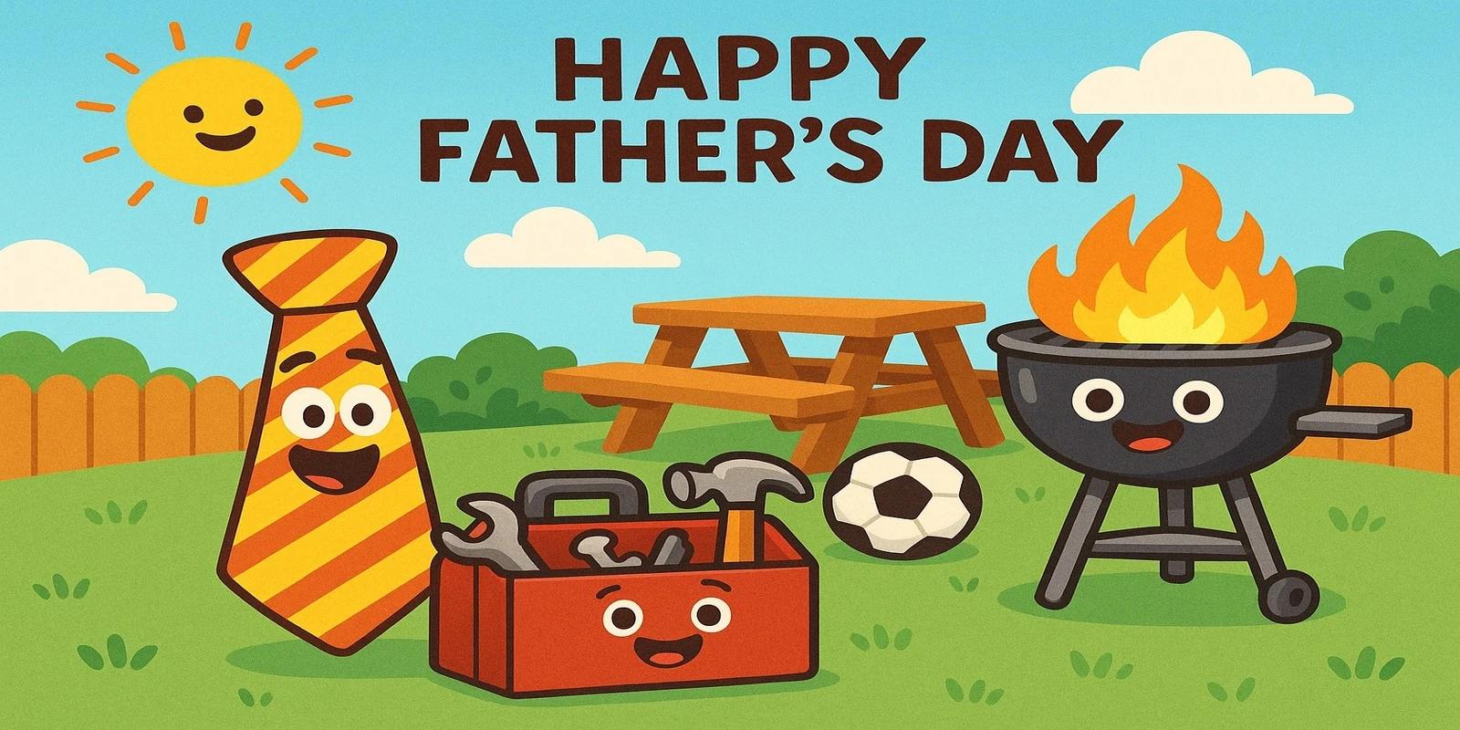 A Father's Day scene with a smiling tie, toolbox, soccer ball, barbecue grill, and picnic table under a sunny sky.
