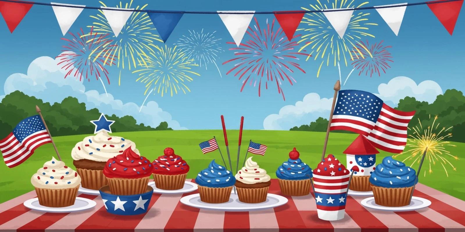 A festive Independence Day scene with a table of cupcakes decorated in red, white, and blue with American flag toppers, set against a backdrop of fireworks, American flags, and a red-white-blue bunting under a clear sky.