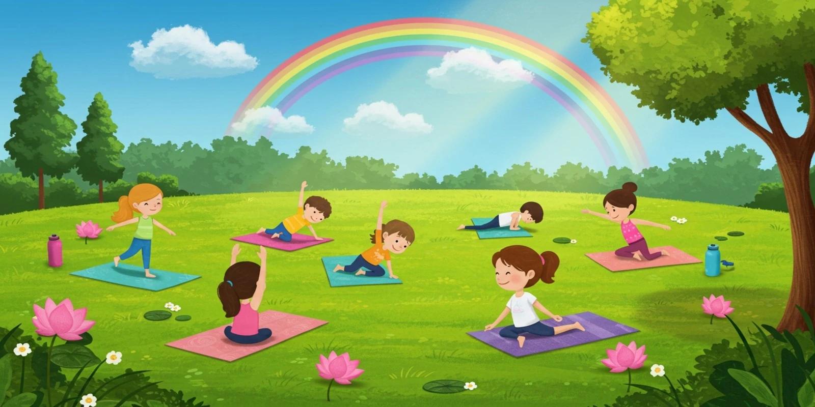 A cheerful illustration of children practicing yoga on mats in a lush park with a rainbow in the sky, surrounded by green grass, trees, and pink lotus flowers.