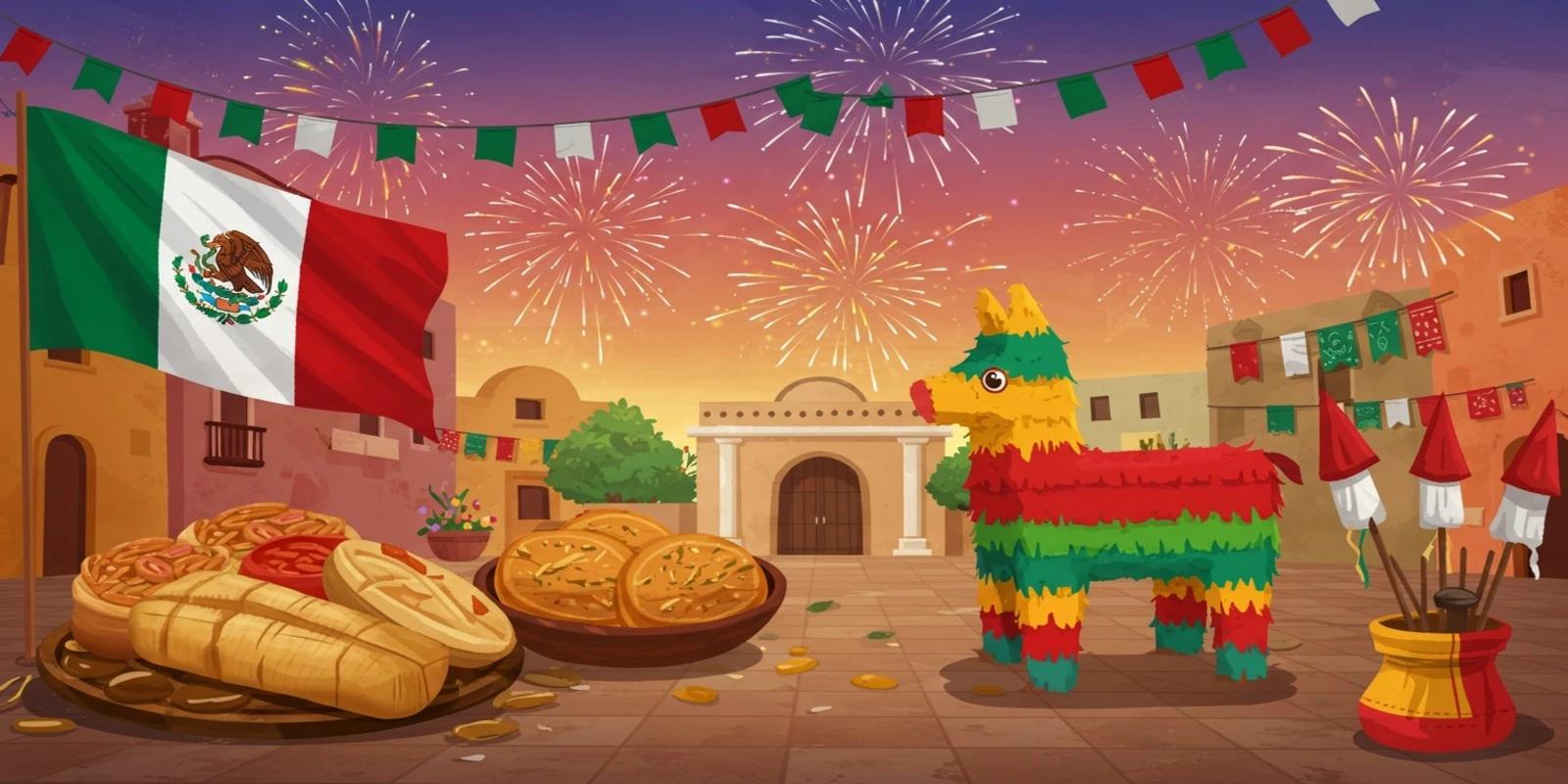 A lively Mexican festival scene with a piñata, the Mexican flag, fireworks, traditional food like tamales, and festive banners in a village setting.