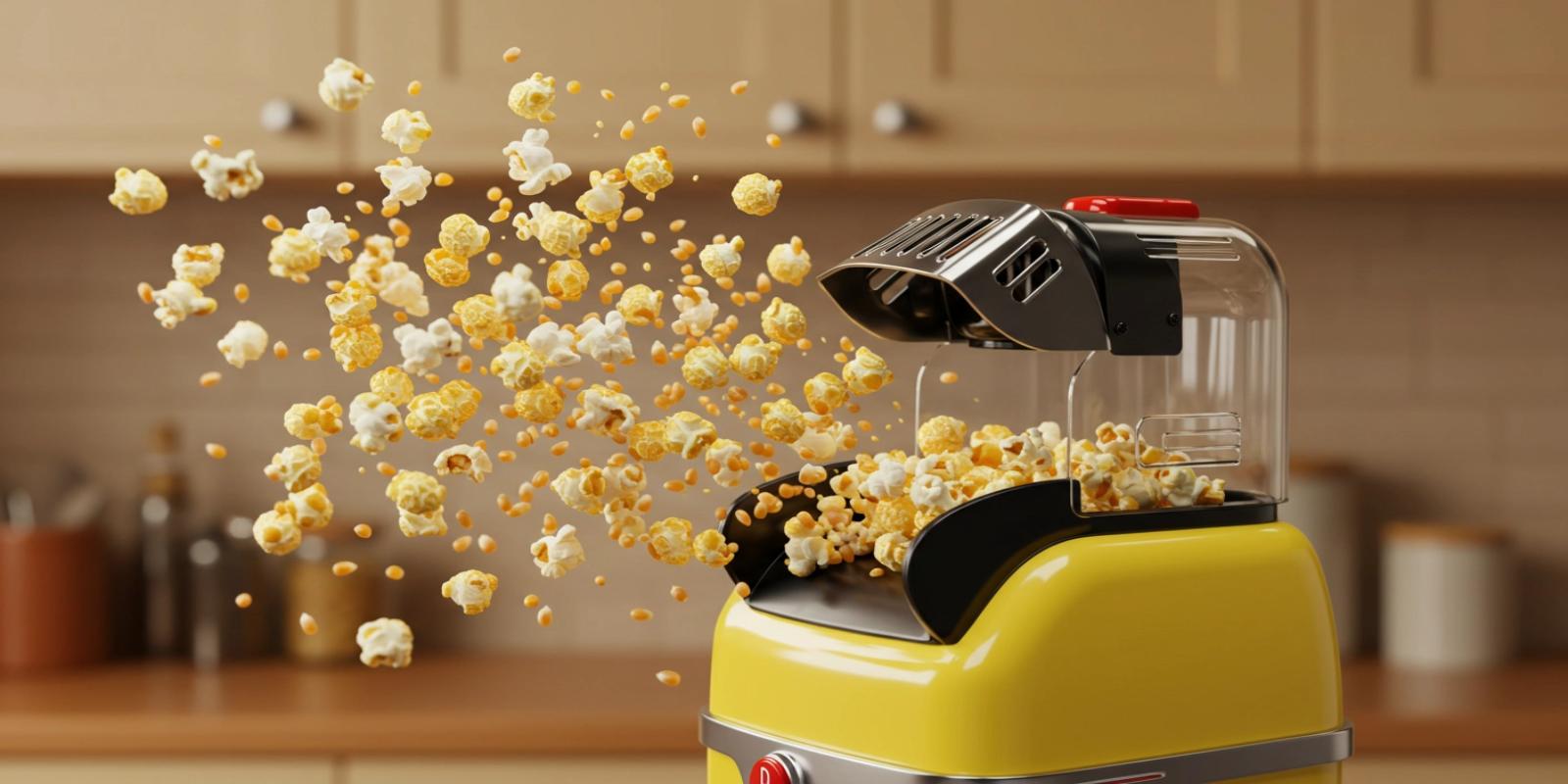 A yellow Elite Gourmet popcorn popper with popcorn kernels popping and flying out into the air.