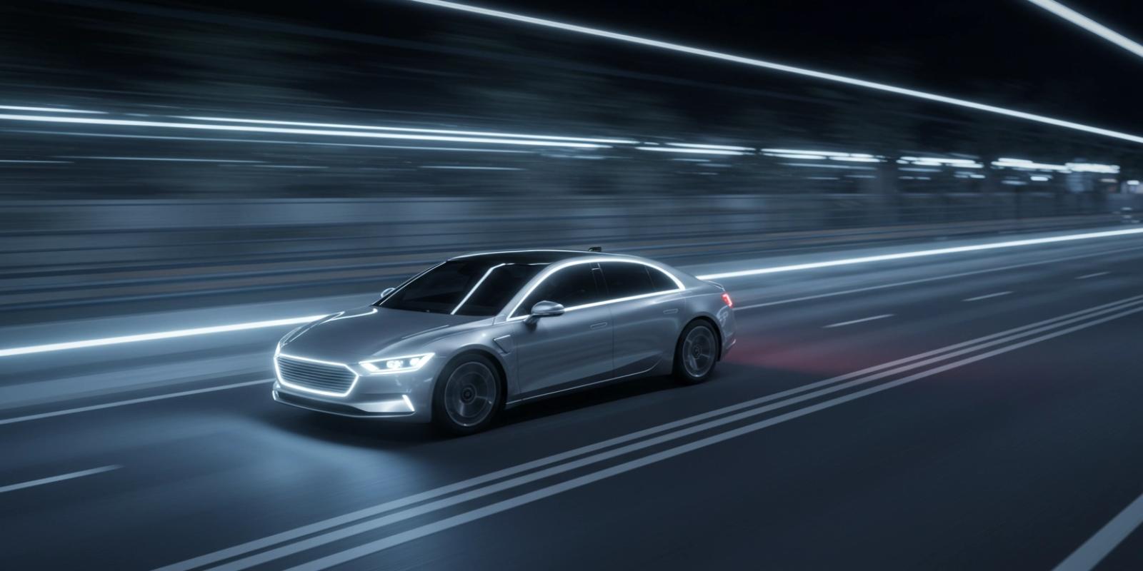 A silver self-driving car moving through a tunnel with motion blur from the speed.