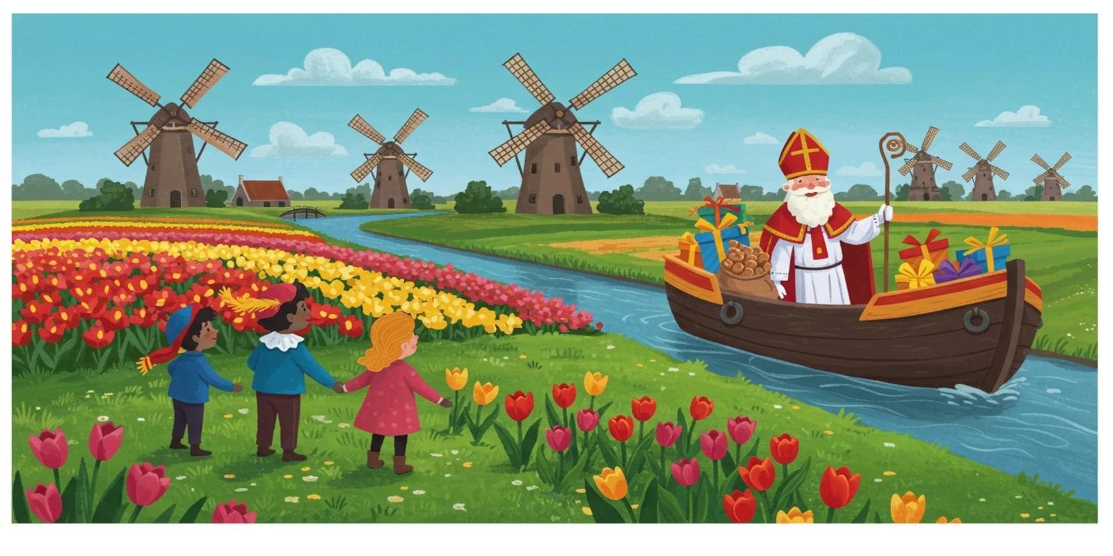 A cheerful scene with children watching Sinterklaas on a boat filled with gifts, sailing through a tulip field with windmills in the background.