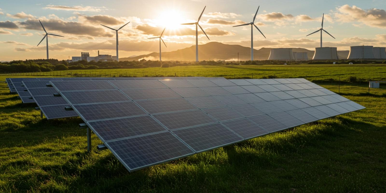 A landscape illustrating different methods of generating cleaner energy, including solar, wind, and nuclear.