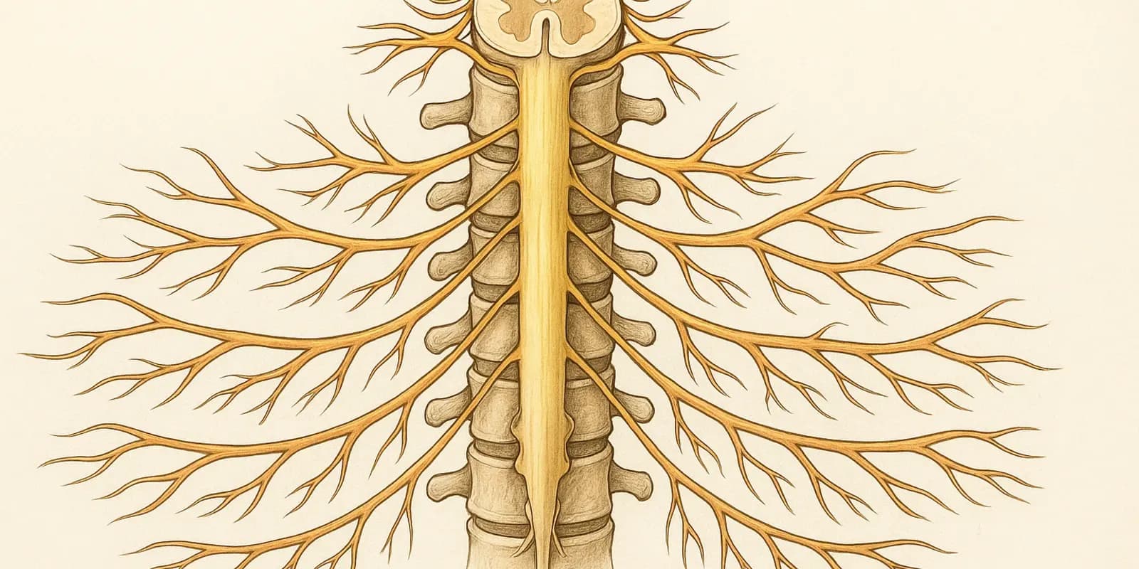 An illustration showing the spinal cord running through the vertebrae, with nerves extending outwards.