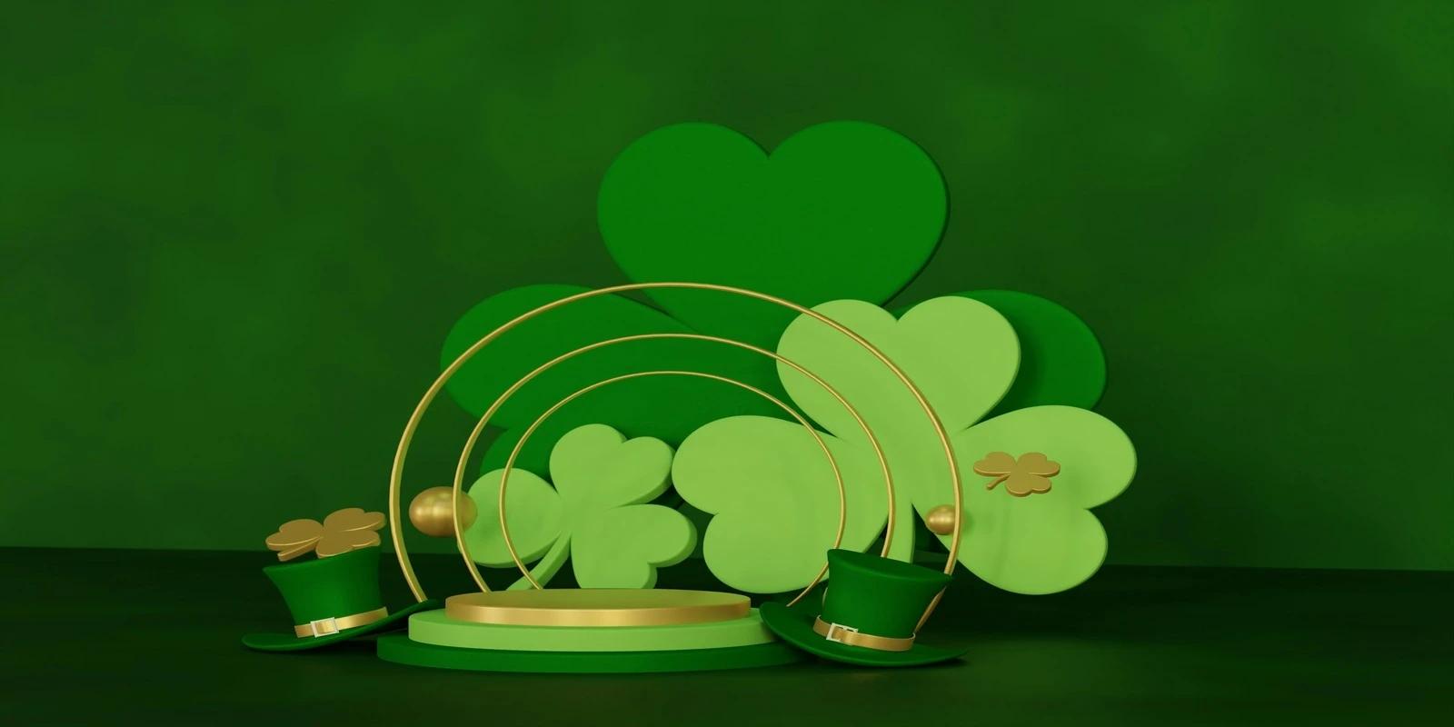 A festive St. Patrick's Day scene with green leprechaun hats, gold coins, and clover-shaped decorations set against a green backdrop with gold hoops.