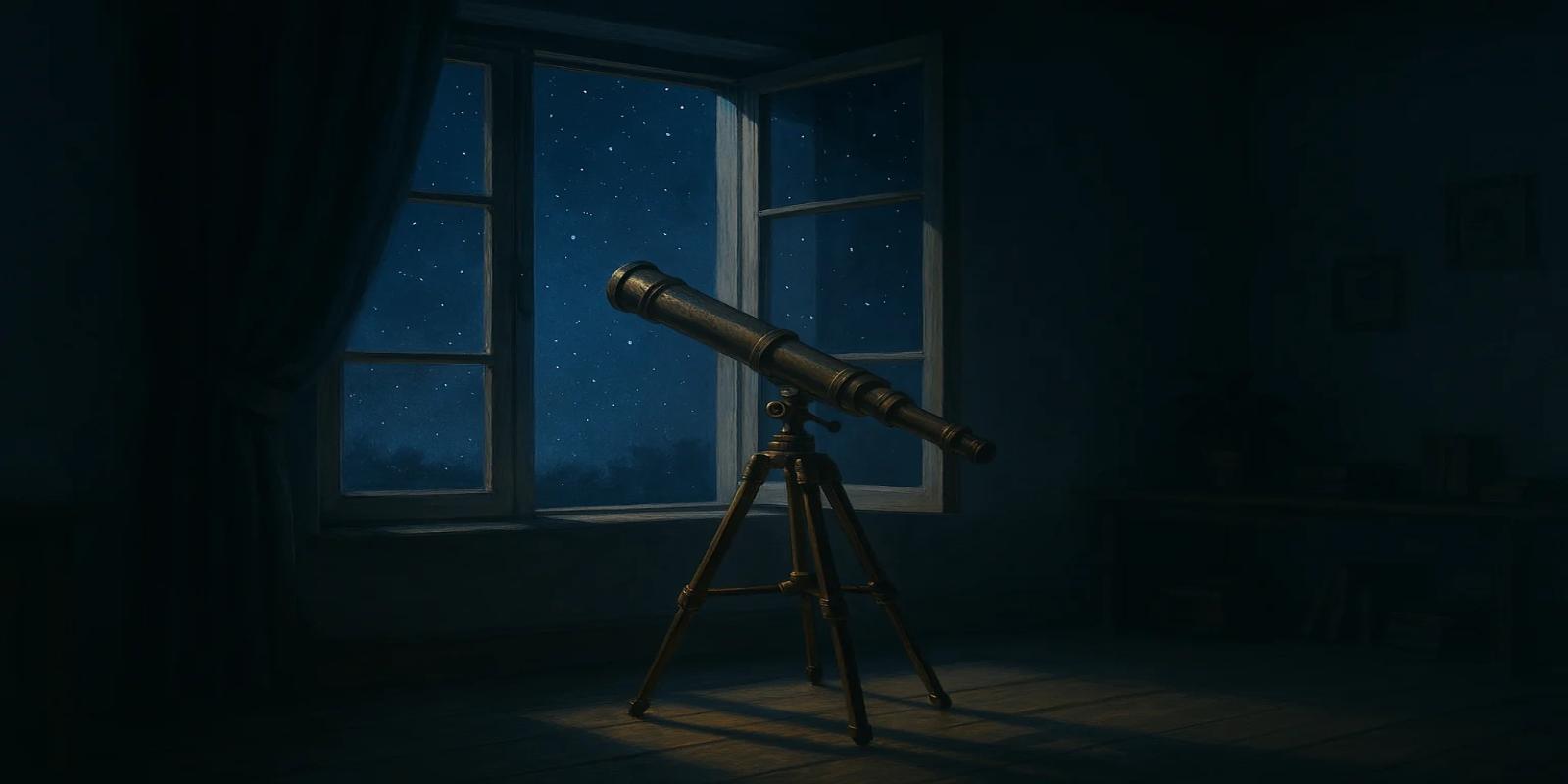 A telescope on a tripod pointed towards an open window revealing a starry night sky.