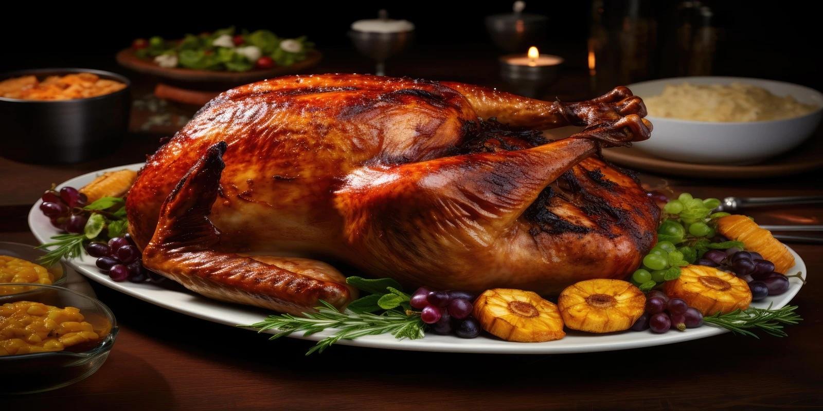 A beautifully roasted turkey served on a platter with grapes, peaches, and garnished with herbs, surrounded by side dishes like mashed potatoes and corn on a festive table.