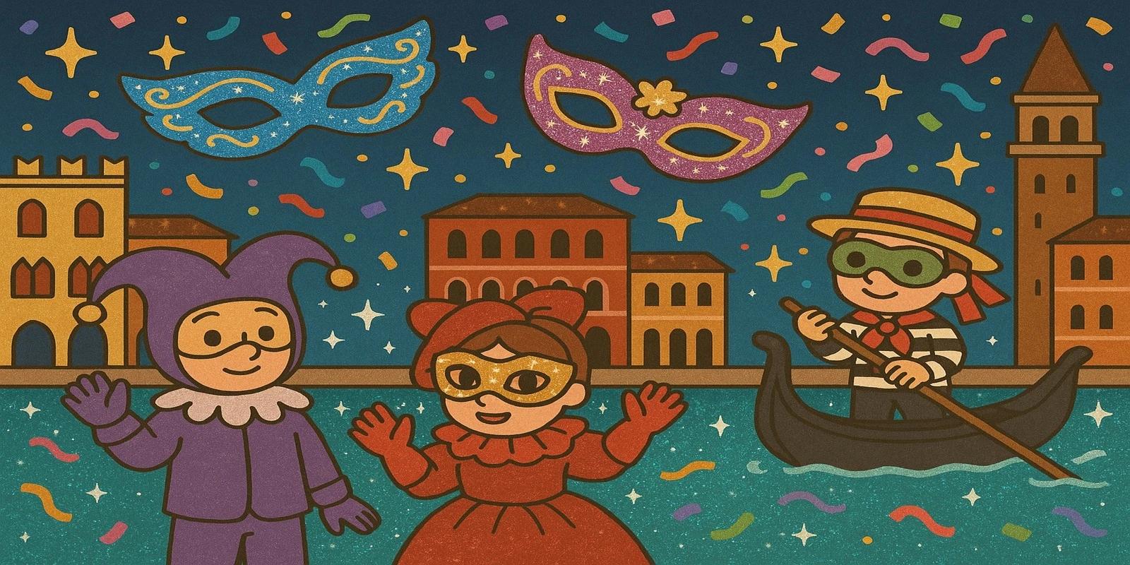 A vibrant carnival scene with animated characters in colorful costumes, including a jester, a masked figure, and a gondolier, set against a backdrop of festive masks and a canal.