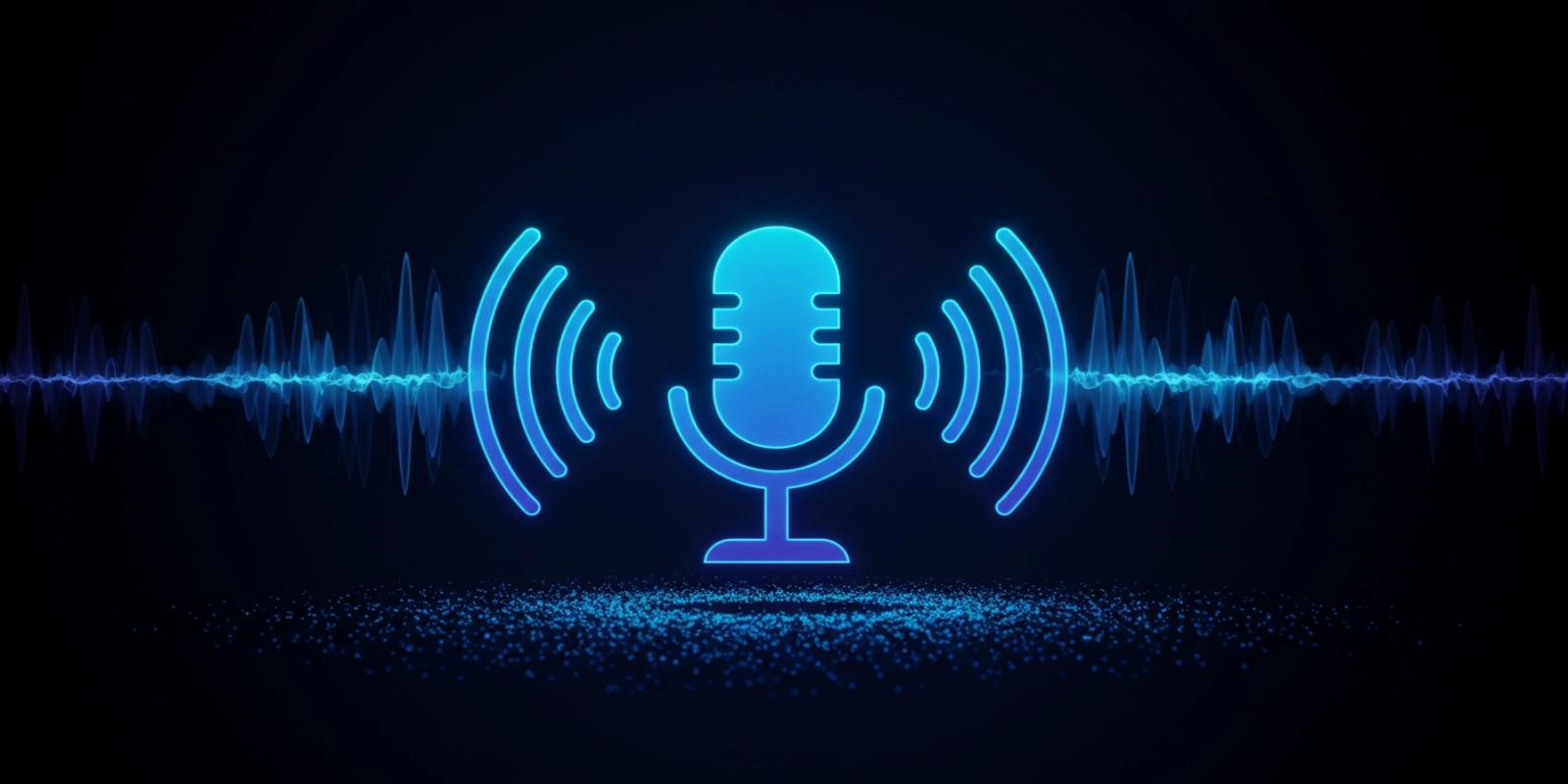 A glowing blue microphone icon surrounded by animated sound waves on a dark background.