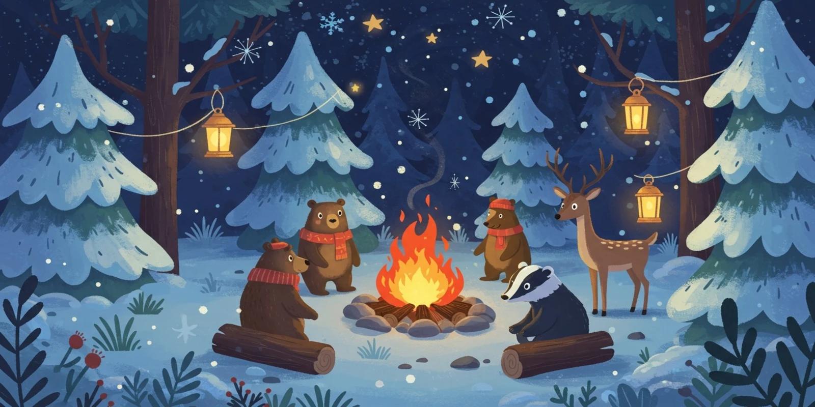 A cozy winter scene with animated bears, a deer, and a badger gathered around a campfire in a snowy forest, decorated with lanterns and falling snow.