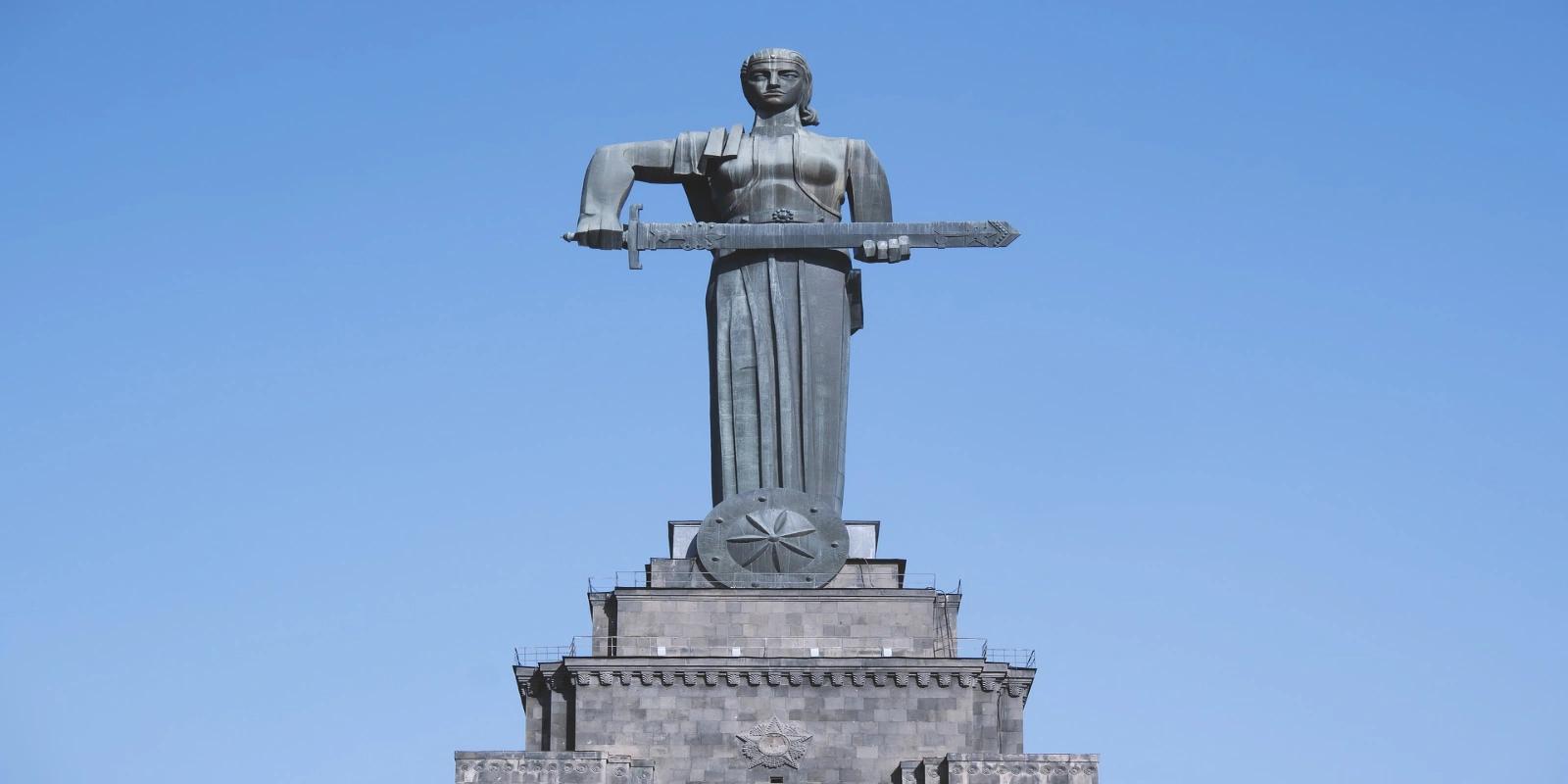 The majestic Mother Armenia statue holding a sword in Yerevan, a prominent national symbol of Armenia.