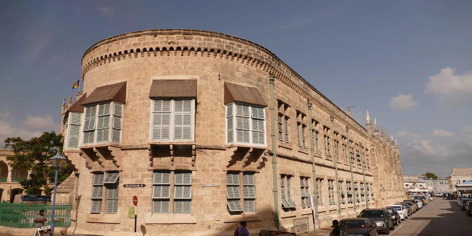 The historic Parliament Building in Bridgetown, Barbados, showcasing its distinctive colonial architecture.