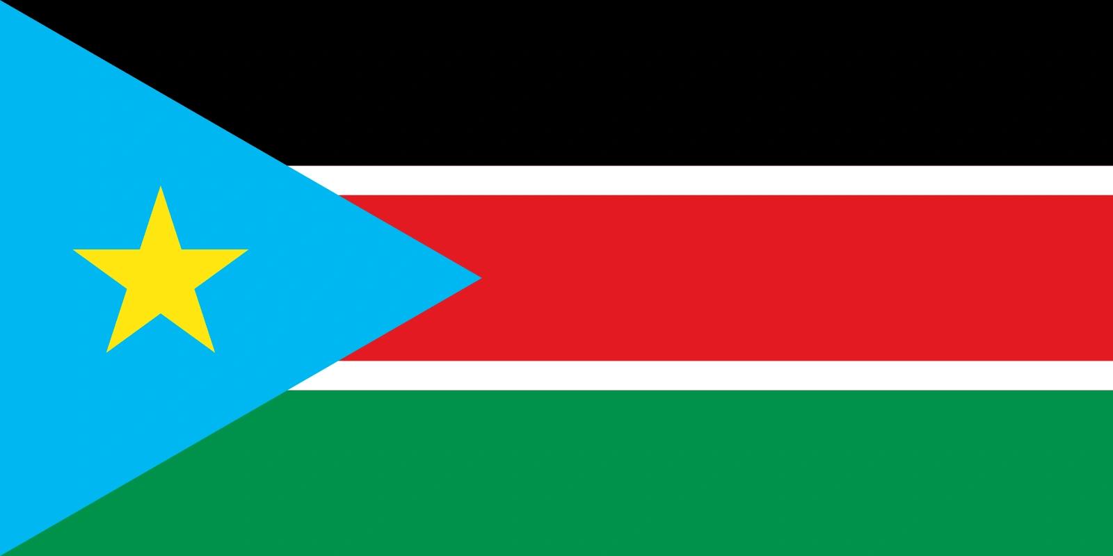 The national flag of South Sudan, featuring horizontal stripes of black, red, and green separated by thin white lines, with a blue triangle and a yellow star on the hoist side.