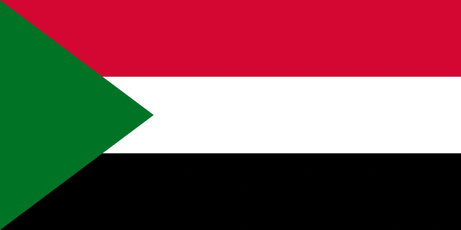 The national flag of Sudan, with horizontal stripes of red, white, and black, and a green triangle on the hoist side.
