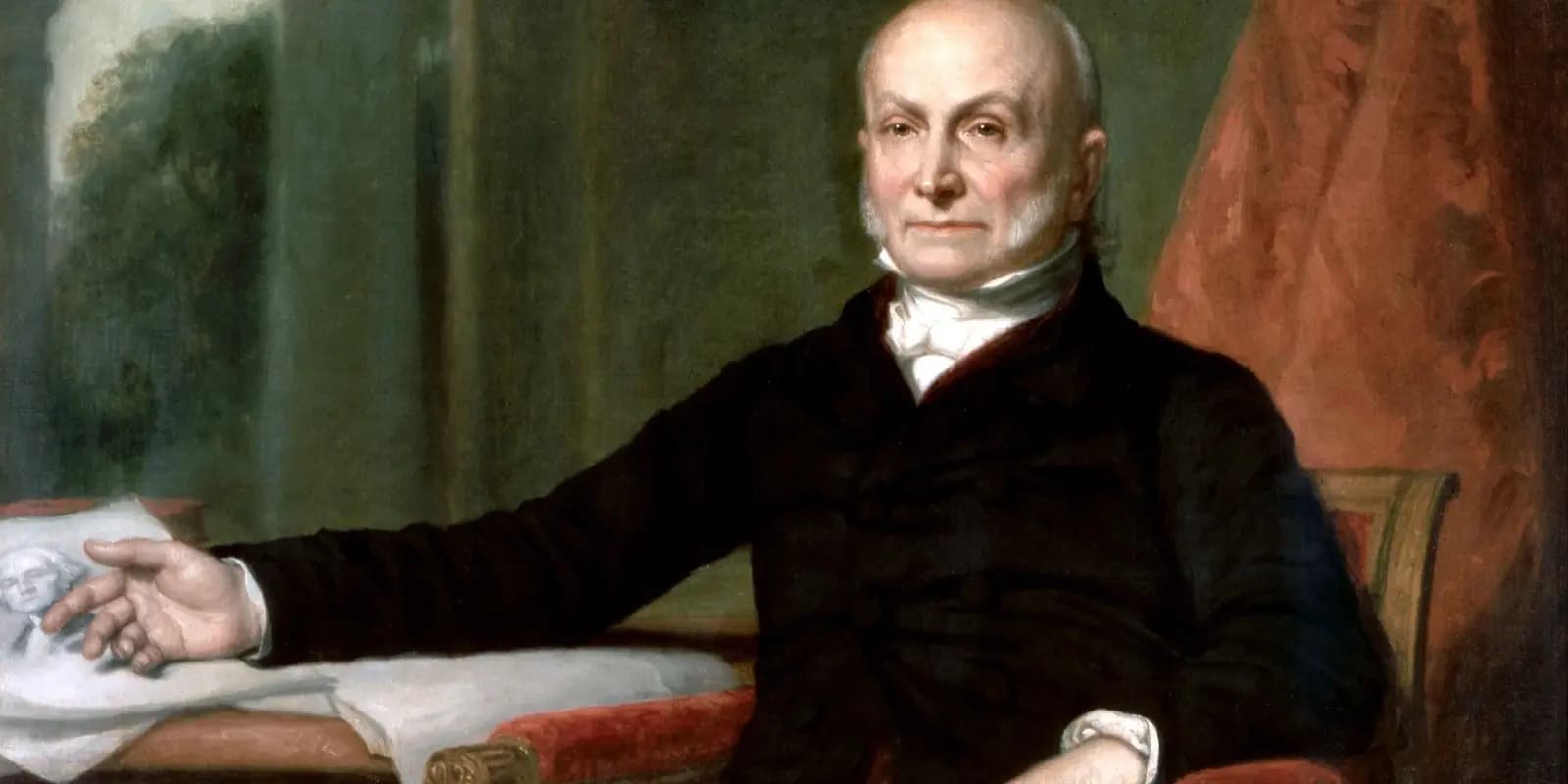Historical portrait of John Quincy Adams seated at a desk with papers, wearing a dark suit with white collar, bald head, and extending one hand forward.