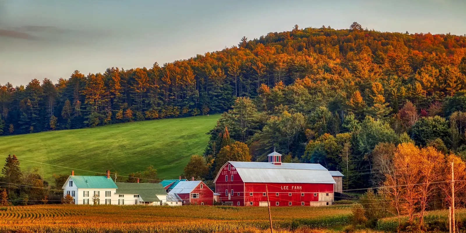 Scenic farm with a red barn and green fields set against a forested hillside in New Hampshire during autumn.